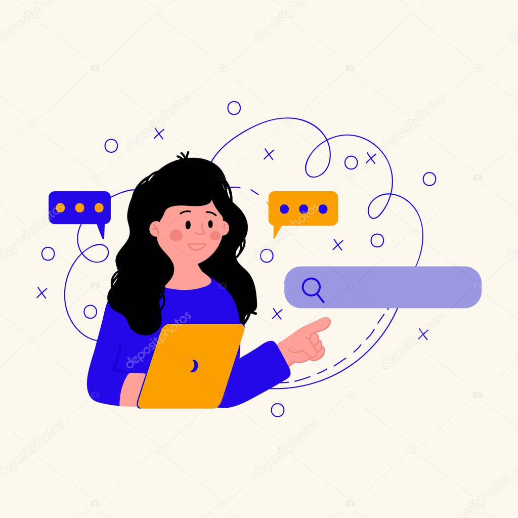 Customer support services. Illustration of a woman with a laptop in search. Support concepts and search, help and customer support.