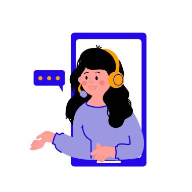 Müşteri destek servisinin resmi. Mikrofonlu kulaklık takan bir kadın. Müşteri desteği konsepti, çevrimiçi çağrı merkezi.