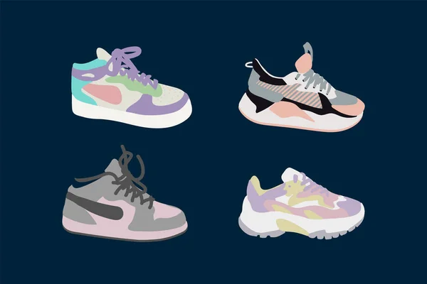 Un ensemble d'icônes de baskets. Chaussures de sport, baskets, chaussures, bottes. Une collection d'illustrations de chaussures de sport, fitness, running. — Image vectorielle