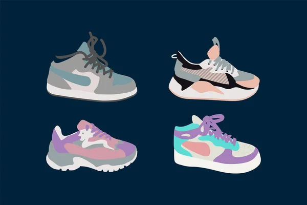 A set of illustrations of shoes for sports. Sneakers, sneakers, shoes, boots for sports, fitness, running. A fashionable collection of shoes for design. — Stock Vector