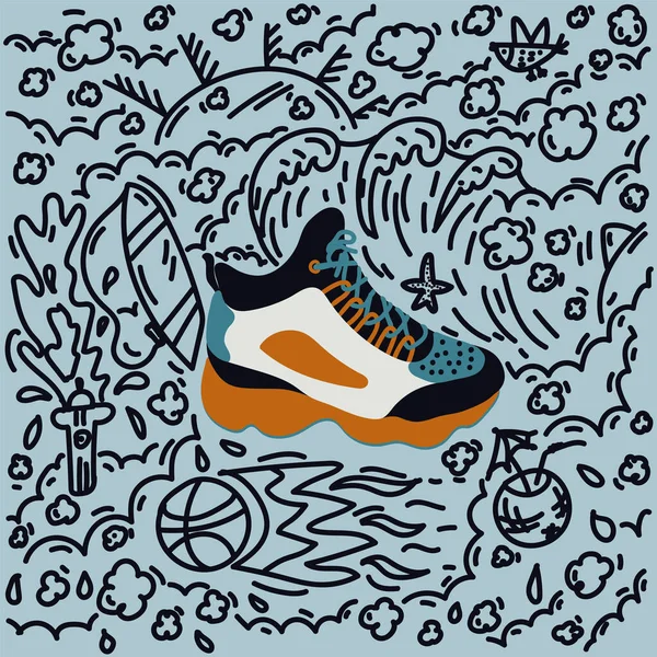 Une affiche avec des baskets dans le cercle des gribouillis. Illustrations de dessins animés autour de chaussures pour le design. — Image vectorielle