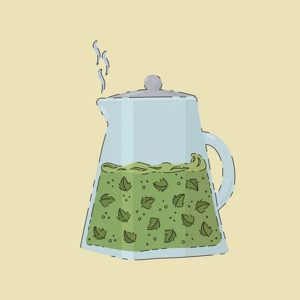 Chá verde com ervas num bule de chá. Um vaso de vidro com folhas verdes e uma decocção. Cartaz de desenho animado Bule com chá hora do chá. Ilustração vetorial desenhada à mão. —  Vetores de Stock