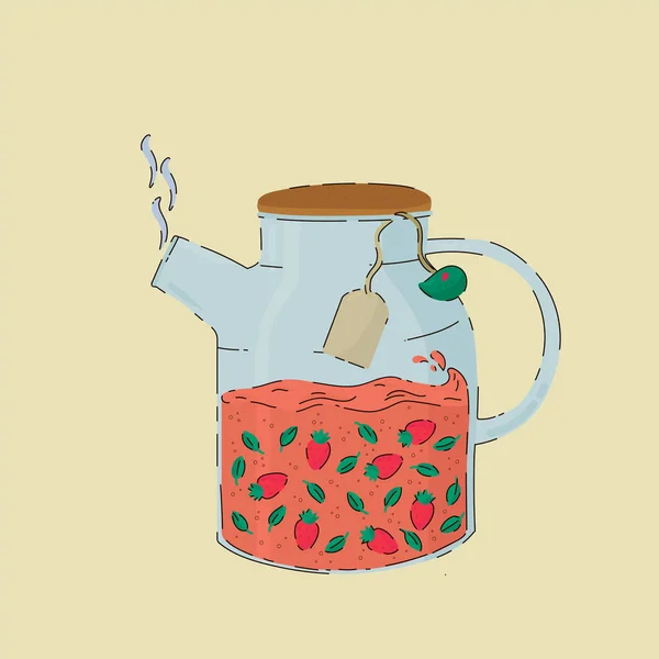 Yeşil yapraklı ve böğürtlenli cam çaydanlık. İçinde çay olan renkli bir kap posteri. Meyve çayıyla elle çizilmiş vektör illüstrasyonu. — Stok Vektör