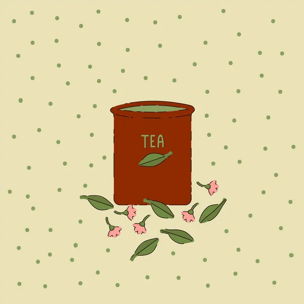Cartoon carta bancaria con foglie e fiori. Poster Doodle per un tea party. Modello vettoriale disegnato a mano con tè ai fiori. — Vettoriale Stock