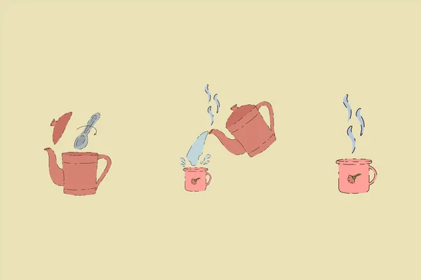 Conjunto de imagens vetoriais com chá. Uma coleção de ilustrações com os passos de preparar uma bebida quente. A preparar chá num bule de chá. Mexendo e desfrutando de chá em uma xícara. Tenha uma boa festa de chá. — Vetor de Stock