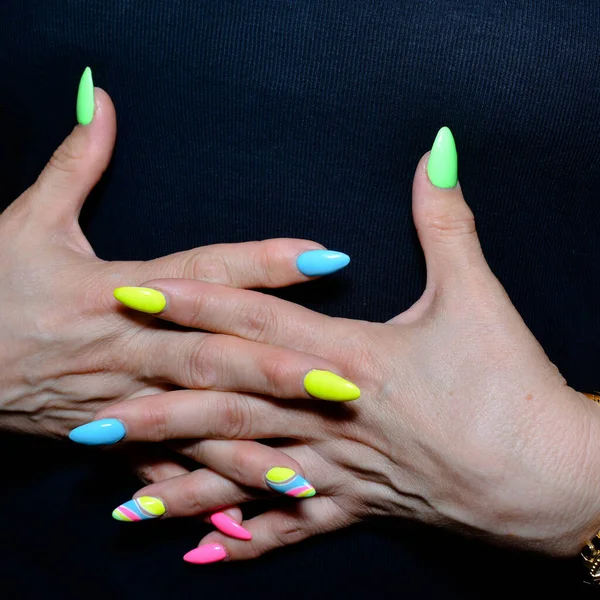 Women Hands Mature Woman Manicure Different Colors — Stock Photo, Image