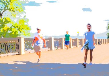 Şehirde yürüyor, koşuyor, bisiklete biniyor, güneşleniyor, sahilde yüzüyor. 