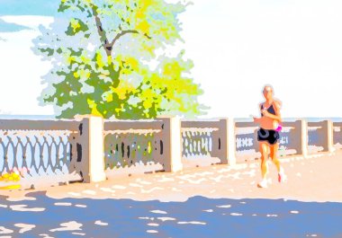 Şehirde yürüyor, koşuyor, bisiklete biniyor, güneşleniyor, sahilde yüzüyor. 