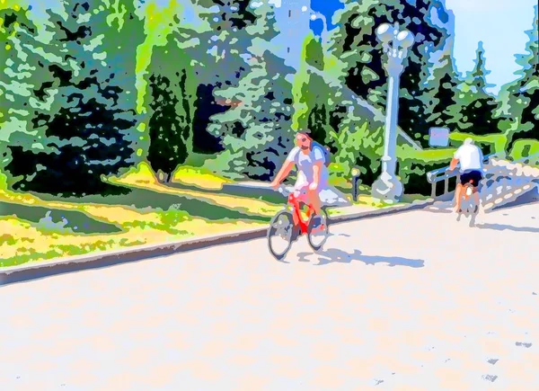 在城市里散步 骑自行车 日光浴 在海滩上游泳 — 图库照片