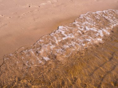 Kumsalı ve mavi suyu olan, renkli çemberi olan bir kız. 