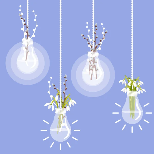 Vector illustration with lightbulb, pussy willow and snowdrops — Stockový vektor