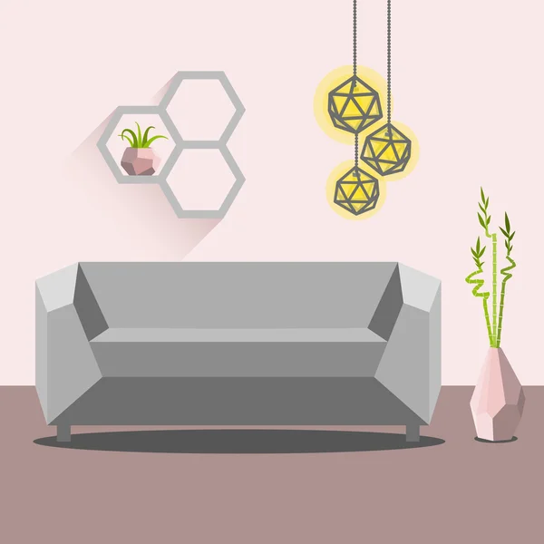 Ilustración vectorial con sofá, luminaria y bambú — Vector de stock