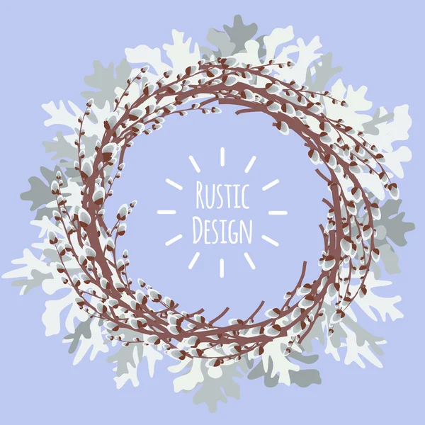 Vector illustration with pussy willow wreath and dusty miller — Stockvector