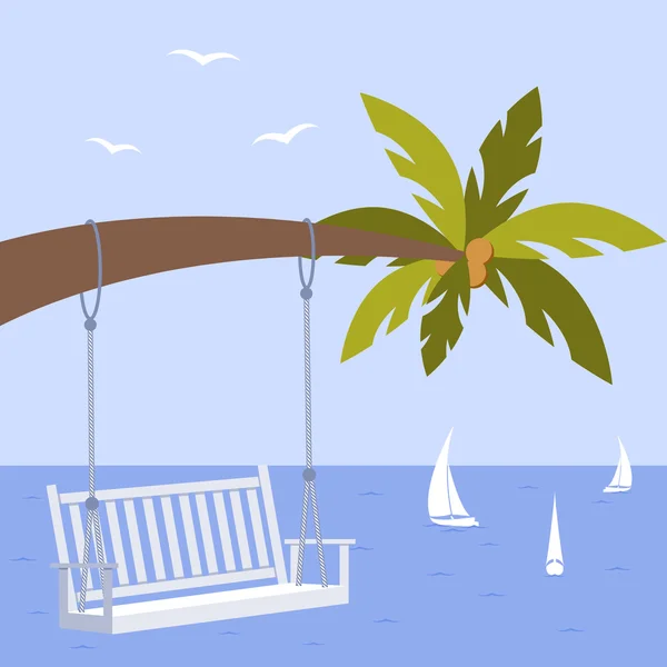 Векторная иллюстрация с пальмой, свадебной скамейкой и яхтой, чаек — стоковый вектор