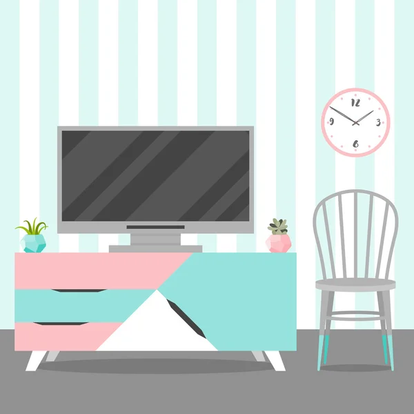 Ilustración vectorial con mesa de TV, silla, reloj — Vector de stock