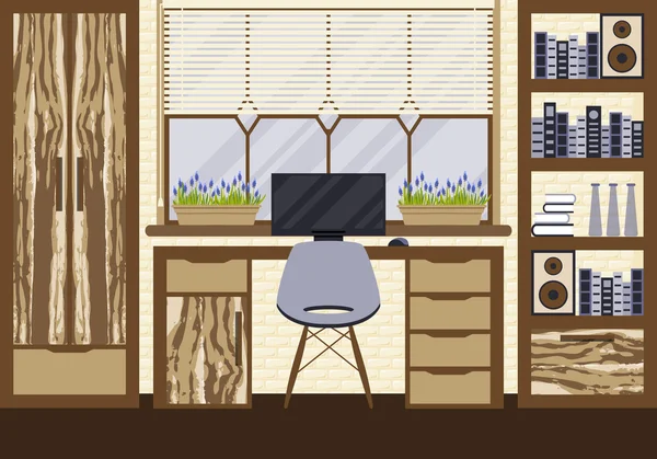 Vector εικονογράφηση με σπίτι στο χώρο εργασίας σε επίπεδη σχεδίαση. — Διανυσματικό Αρχείο