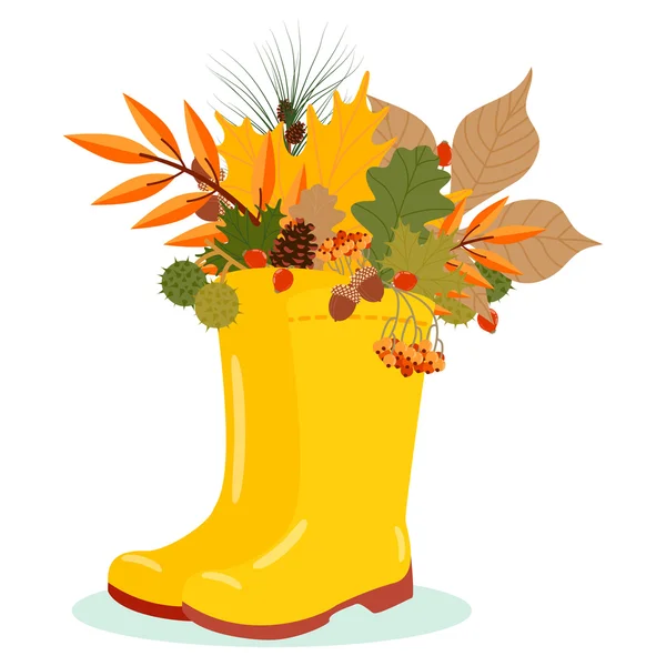 Ilustración vectorial con hojas de otoño y botas de goma . — Vector de stock