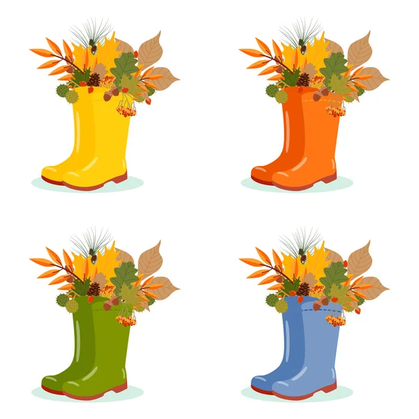 Conjunto de vetores com folhas de outono em botas de borracha . —  Vetores de Stock