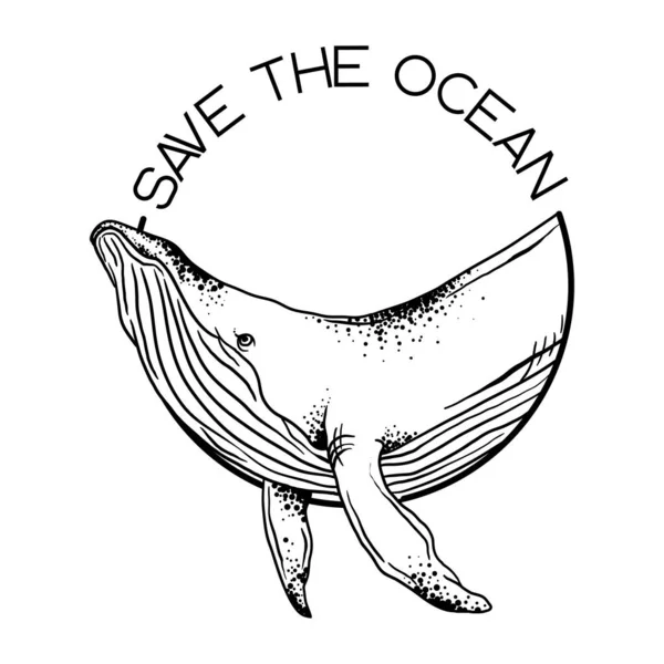 Okyanus kavramını kaydet, beyaz arkaplanda bir balinanın vektör çizimi, grafikler, — Stok Vektör