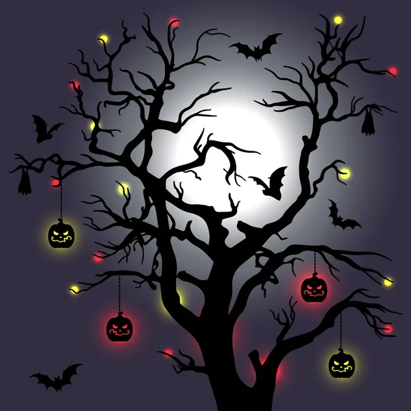 Halloween-Baum mit Fledermäusen und Mond. Vektorillustration — Stockvektor