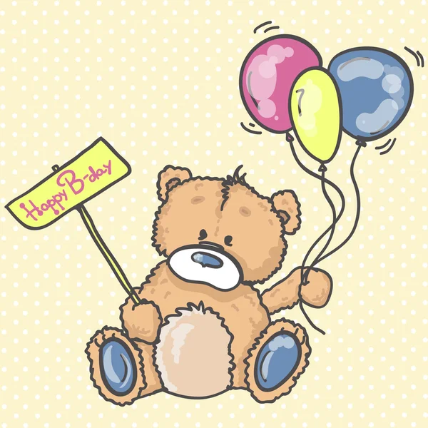Söt nallebjörn med färgglada ballonger. Bakgrund med Björn och ballonger. Hand dras nallebjörn. Gratulationskort födelsedag. Inbjudan till fest. — Stock vektor