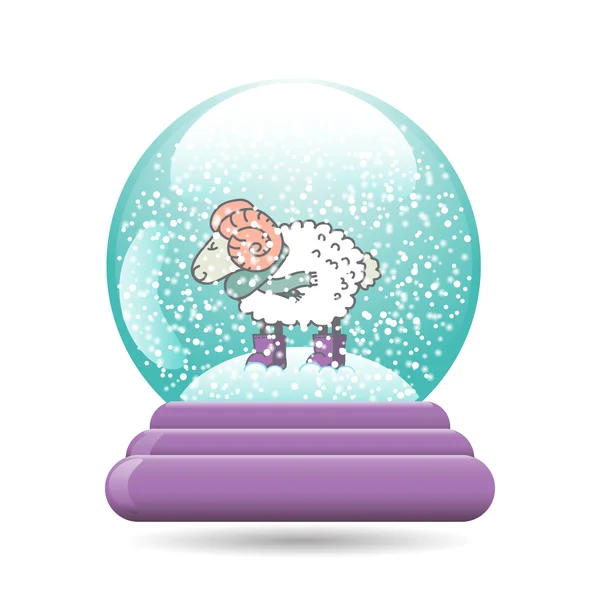 Ilustración vectorial de bola de nieve con una oveja de Navidad — Vector de stock
