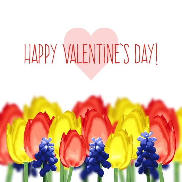 Biglietto di auguri con tulipani, giacinto del mouse e testo felice giorno di San Valentino — Vettoriale Stock