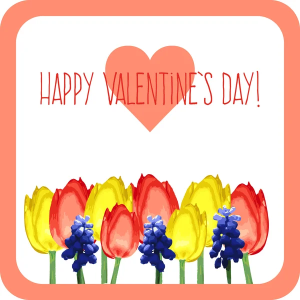Greeting card with tulips, mouse hyacinth and text happy valentine's day — Stock Vector