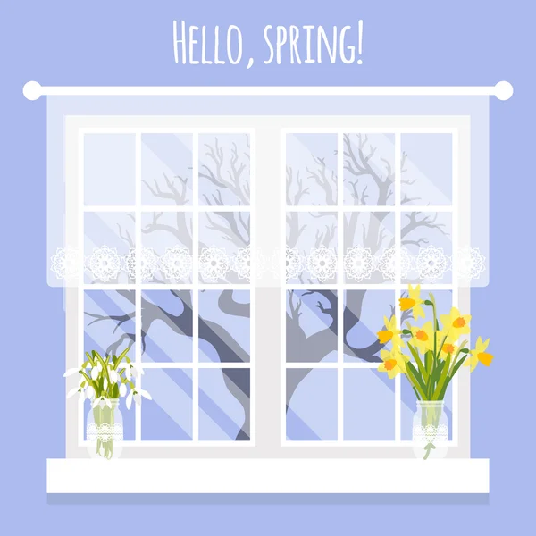Vector εικονογράφηση με παράθυρο και λουλούδια σε επίπεδη στυλ — Διανυσματικό Αρχείο