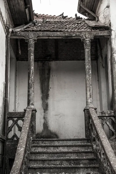 Eingang Einem Alten Haus Nach Der Betontreppe Mit Tauben Dach — Stockfoto