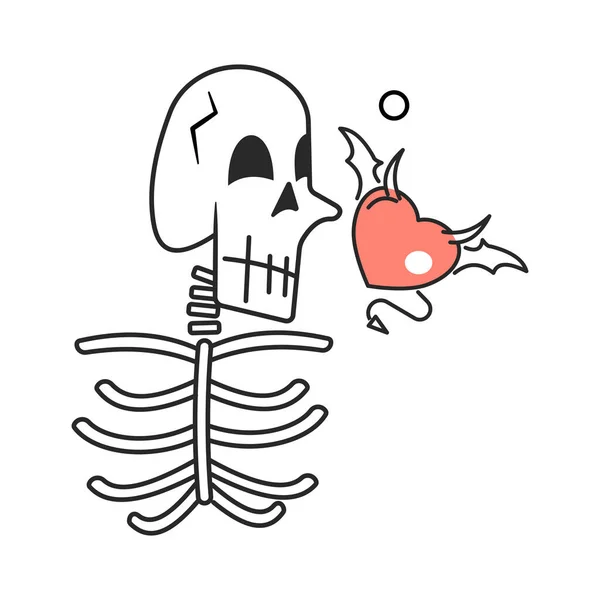 Half Human Skeleton Flying Evil Heart Flat Style Outline Illustration — Stock Vector