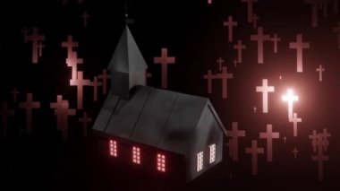 Siyah kilise 3 boyutlu animasyon. Altın Hıristiyan haçları yukarıdan düşüyor. Döngü Canlandırması.