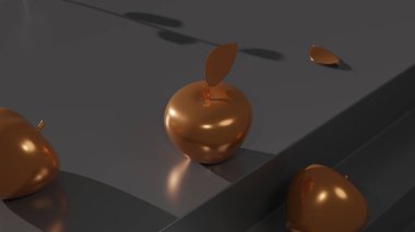 Siyah yüzeyde duran parlak altın elmalar. 3 Boyutlu resimleme.