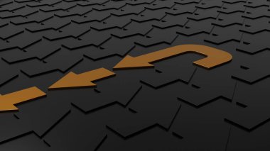 Altın ok yönünü değiştiriyor. Yol değiştirme kavramı. 3 Boyutlu resimleme.