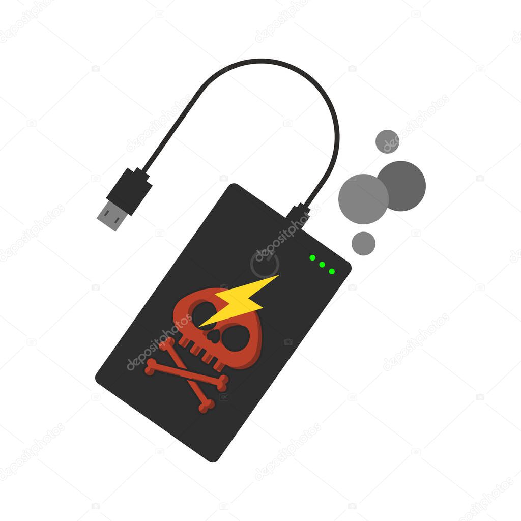 Power bank with danger sign on it. Power bank explosion concept. Flat style isolated. 