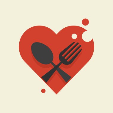 Fork, spoon and heart icon. Love for cooking and food concept. Flat style illustration. Isolated. clipart