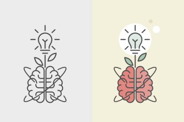 İnsan beyni ve ampul ikonu. Yeni yaratıcı fikir konsepti. Düz stil. İzole edilmiş.