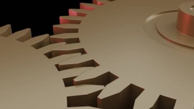 Altın gibi parlak dişliler dönüyor. 3B canlandırma döngüsü. 