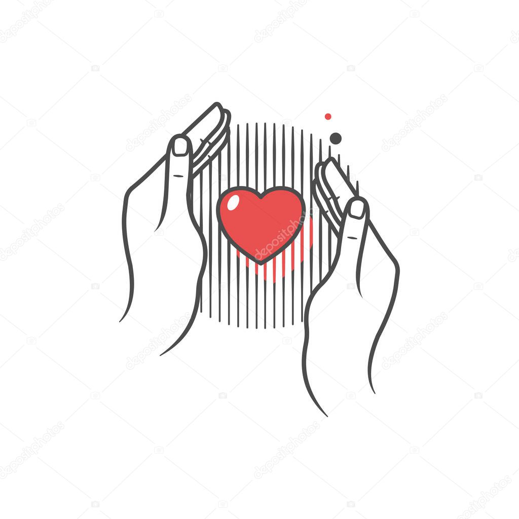 Hands hold a red heart. Concept of love, care, hope, charity and donation. Flat style illustration. 