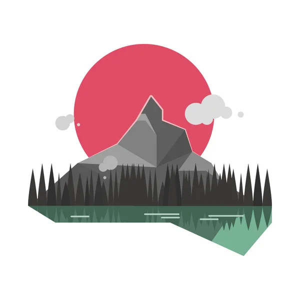 Paisaje Plano Montaña Lago Árboles Sol — Vector de stock