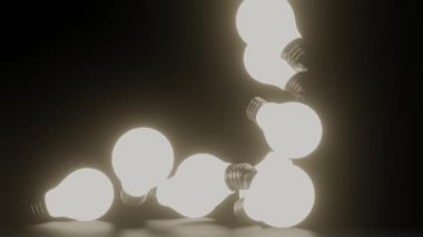 Yukarıdan yere düşen parlayan elektrik ampulleri. Ampul gücü tasarruf kavramı. 3B canlandırma canlandırması. 