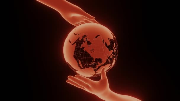 Glowing Hands Hold Rotating World Rendering Animation Seamless Loop — Stock Video