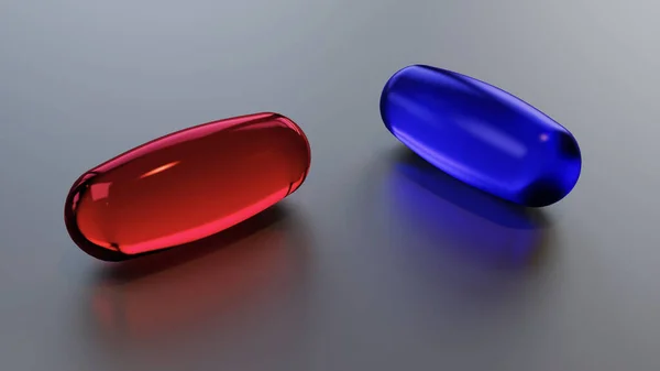赤と青の錠剤午後フラット表面 3Dレンダリング図 — ストック写真