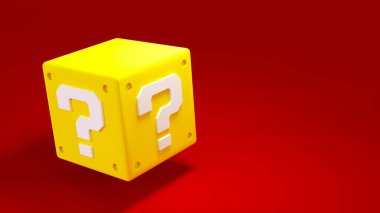 Beyaz soru işaretli sarı gizemli kutu. 3B resimleme. 