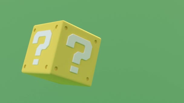 Žlutá tajemná krabice s bílými otazníky se otáčí. 3D vykreslování animace bezešvé smyčky.