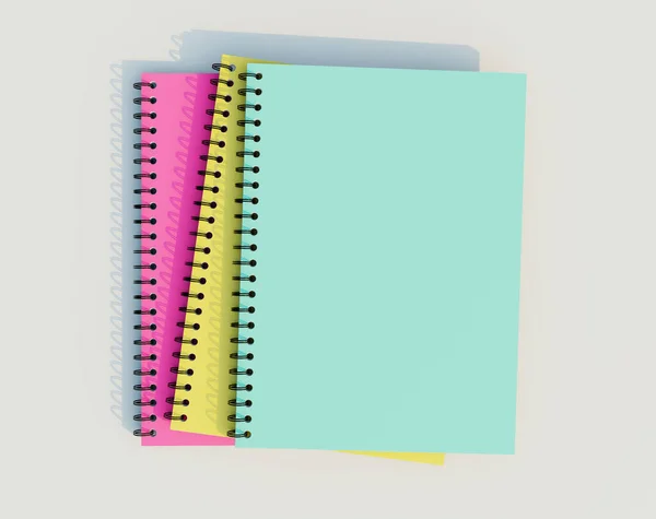 Stacked spiral binder notebooks. Blank colourful notebooks. Top view. 3D rendering illustration.