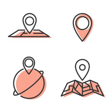 GPS pin konumu haritası simgesi ayarlandı. Düz stil simgeleri. Beyaz arkaplanda izole. 
