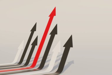 Çok renkli oklar hedef ve rekabete doğru yönelir. 3B resimleme. 