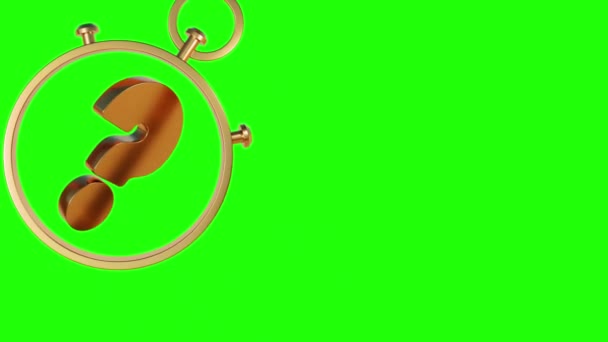 Rotierendes Fragesymbol Einer Schwingenden Stoppuhr Vor Greenscreen Hintergrund Rendering Animation — Stockvideo