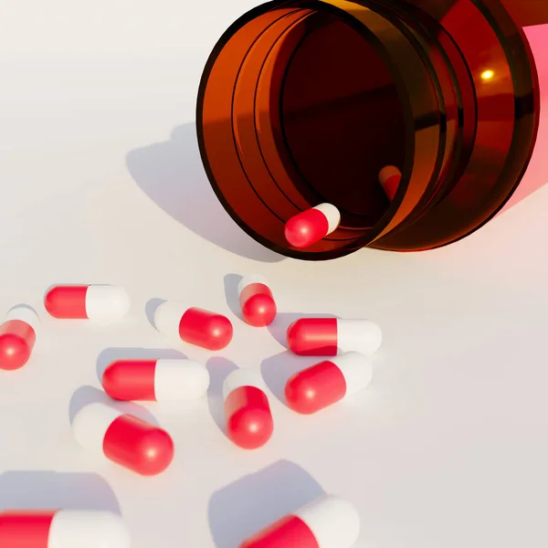 Leesett Gyógyszer Tartály Piros Gyógyszer Kapszulával Renderelés Illusztráció — Stock Fotó